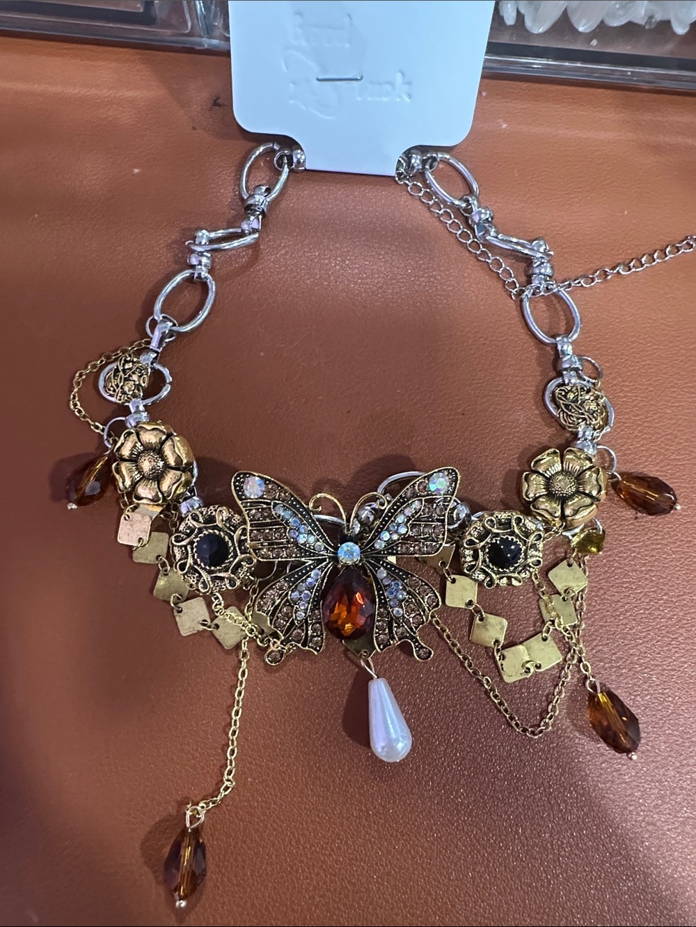Gold-Tone Butterfly Statement Necklace with Amber Crystals